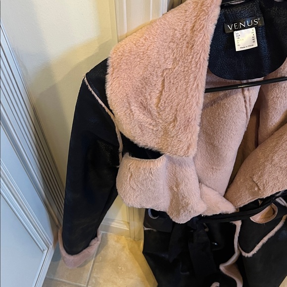 VENUS Black & Pink Faux Fur Lined Belted Coat - Picture 5 of 9